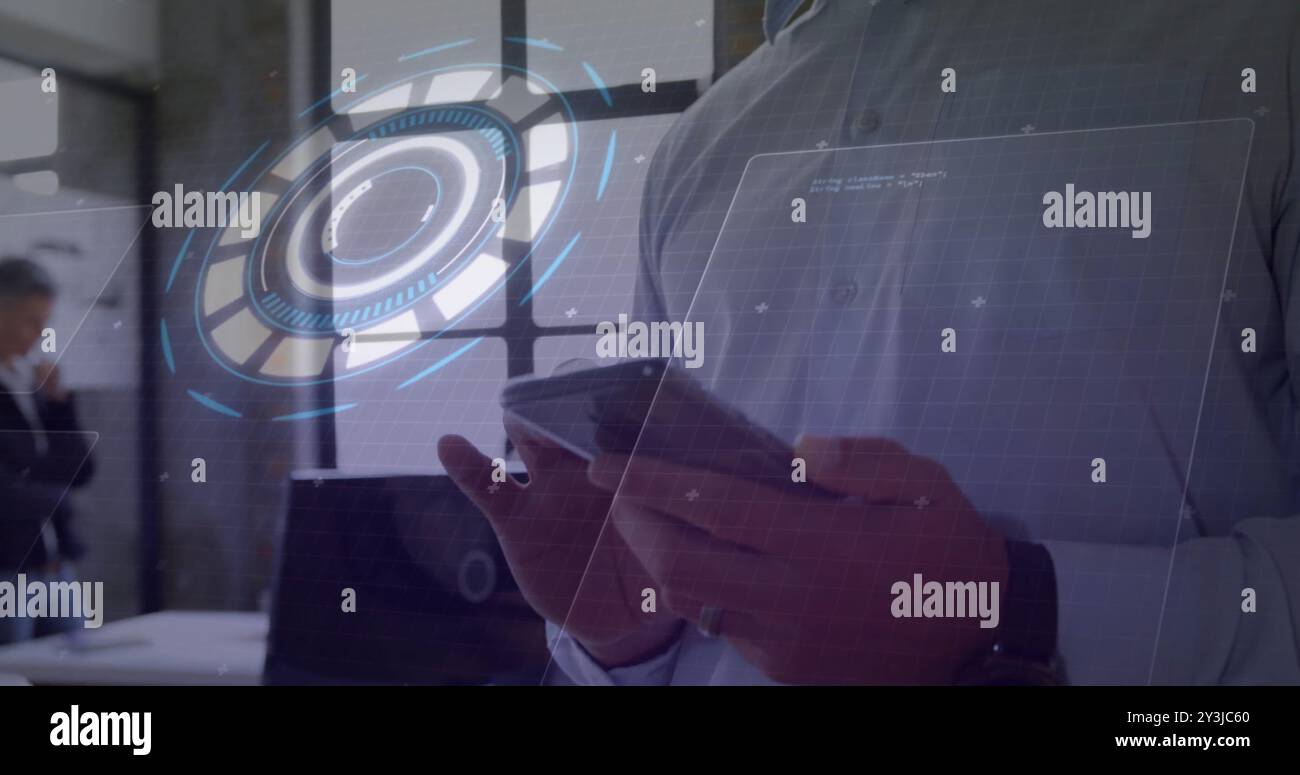 Image of data processing and scope scanning over caucasian man using smartphone Stock Photo