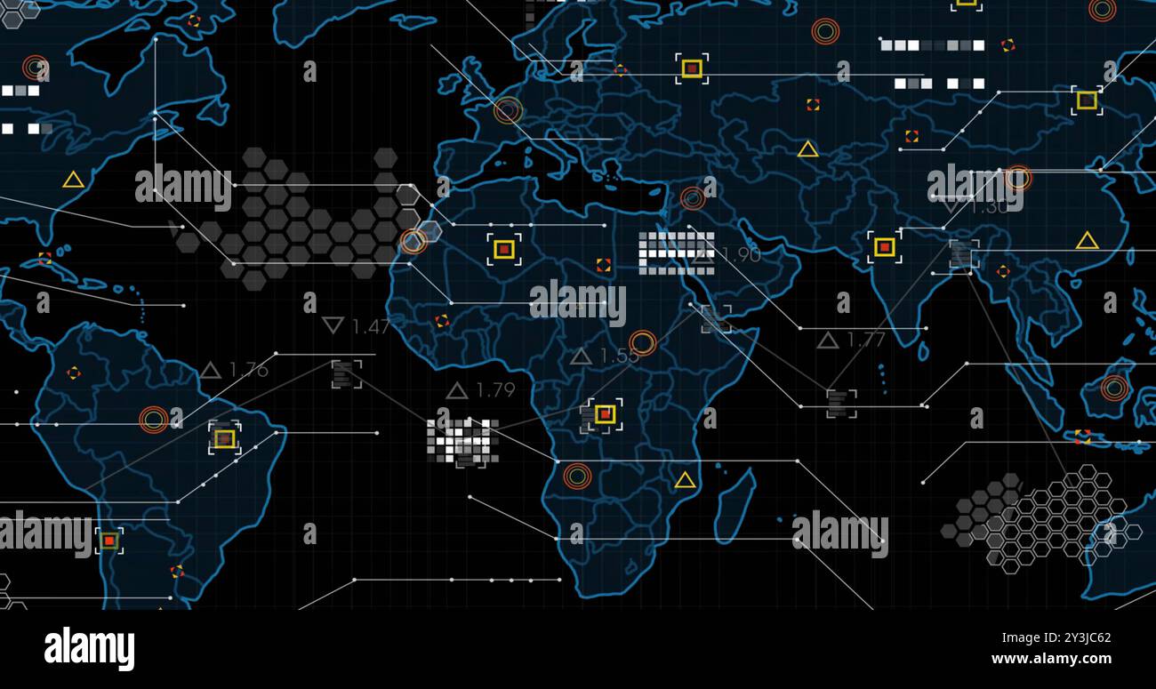 Image of world map and processing data on black background Stock Photo