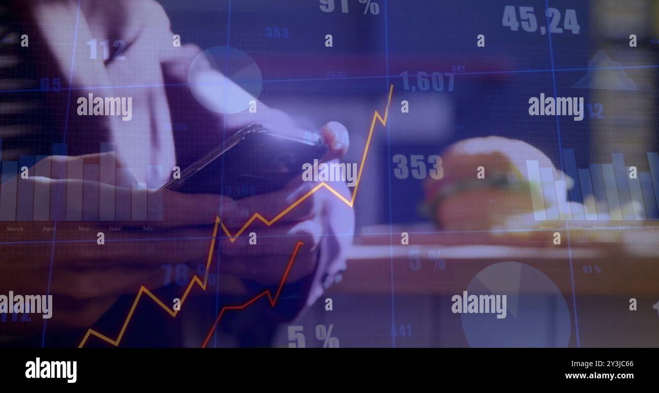 Image of data processing and diagrams over caucasian man using smartphone Stock Photo