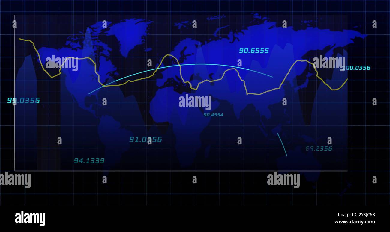 Image of blue world map, network and processing data on black background Stock Photo