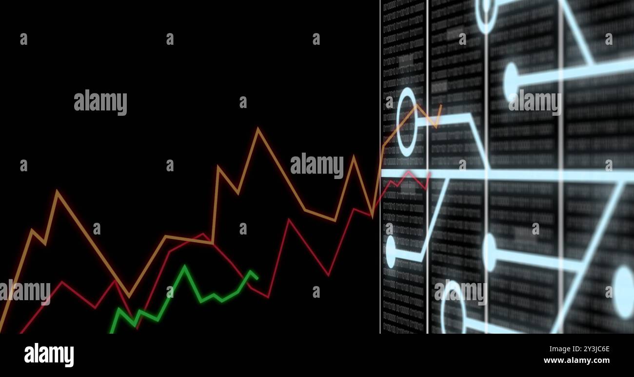 Image of graphs, processing data and network transferring data on black background Stock Photo