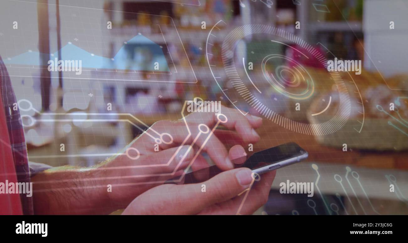 Image of data processing and scope scanning over caucasian man using smartphone Stock Photo