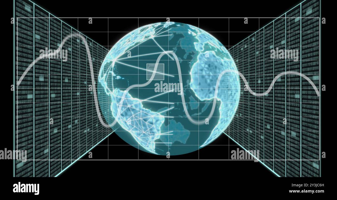 Image of global network and processing data interface screens on black background Stock Photo