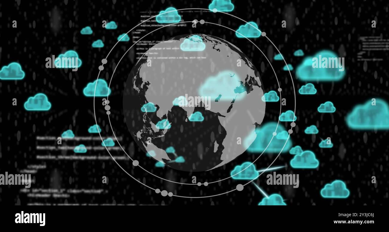 Image of globe and processing data with blue cloud icons on black background Stock Photo