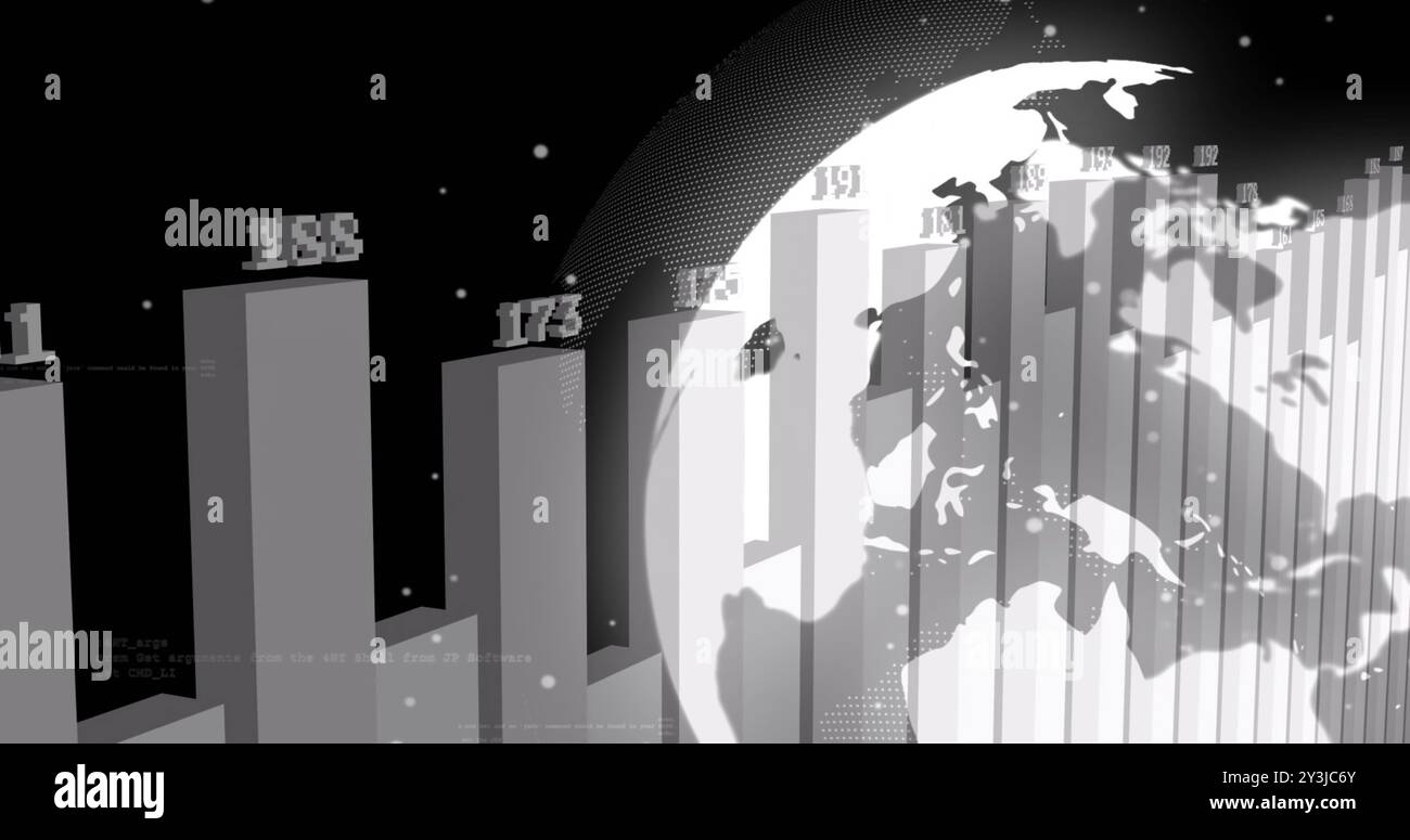 Image of globe and graph processing data on black background Stock Photo