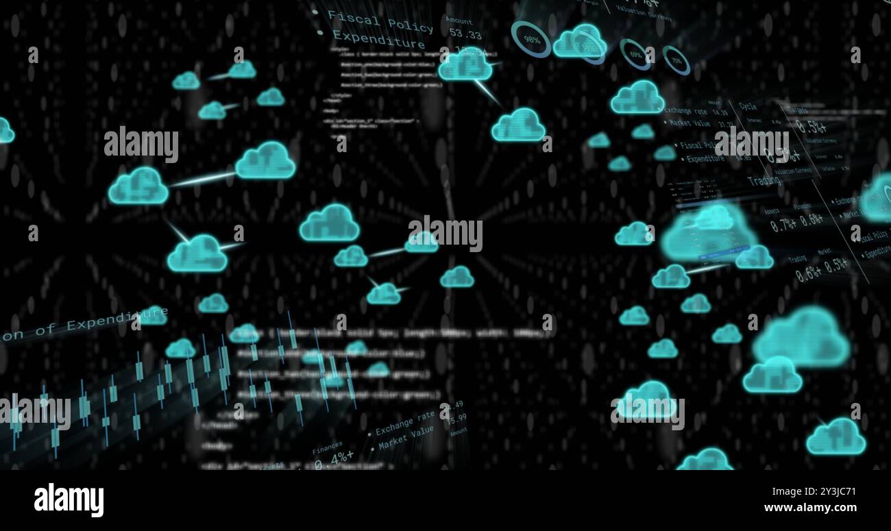 Image of processing data, charts and cloud icons transferring data on black background Stock Photo
