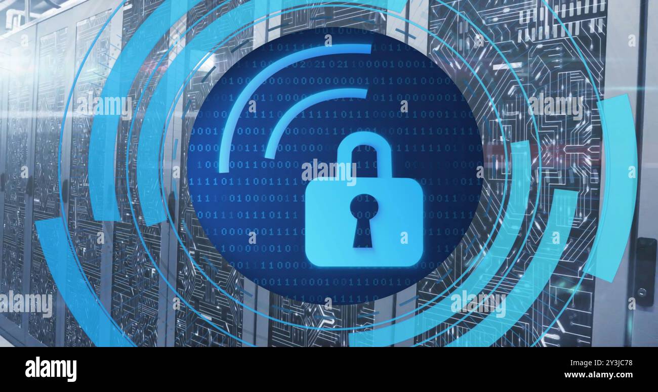 Image of circular scanner processing wifi with padlock icon over server room Stock Photo