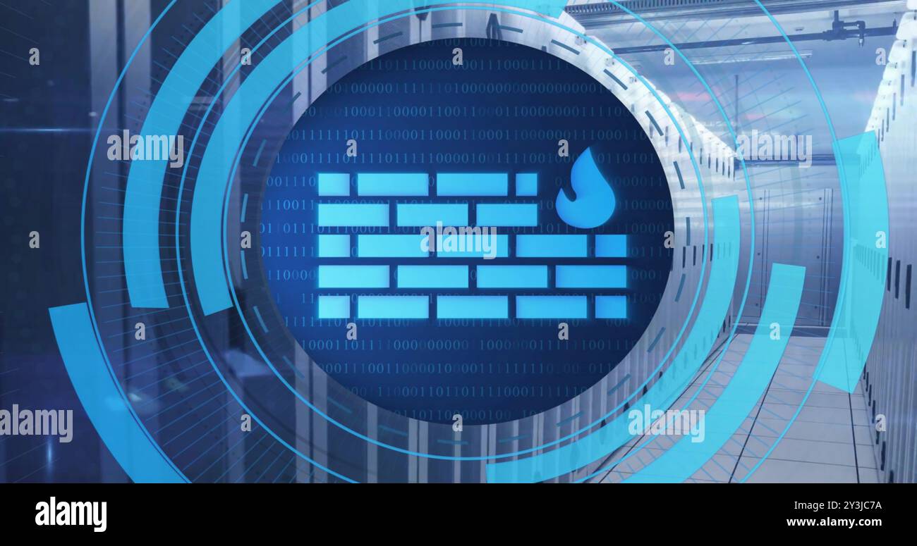 Image of circular scanner processing firewall data over server room Stock Photo