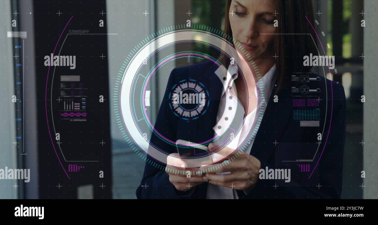 Image of data processing and scope scanning over caucasian woman using smartphone Stock Photo