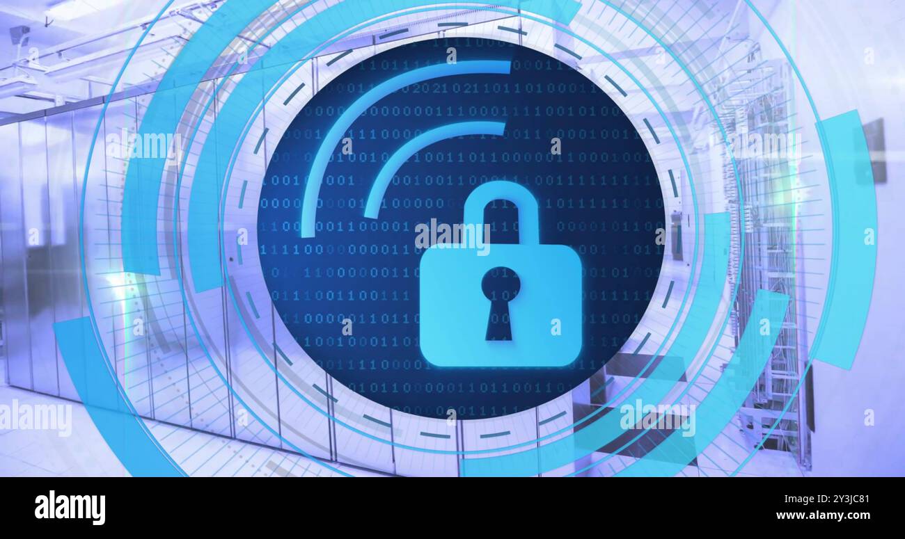 Image of circular scanner processing wifi with padlock icon over server room Stock Photo