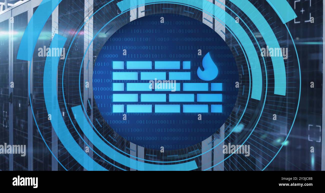 Image of circular scanner processing firewall data over server room Stock Photo