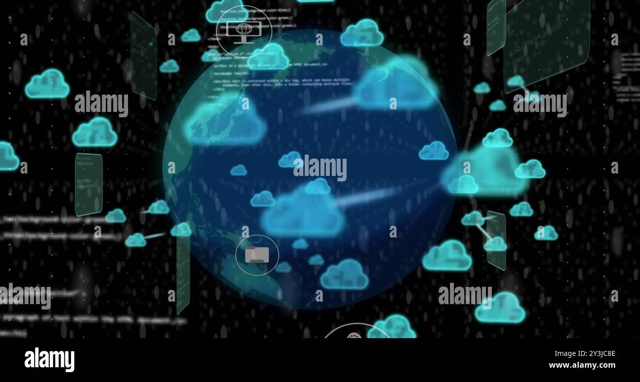 Image of globe and processing data with cloud icons transferring data on black background Stock Photo