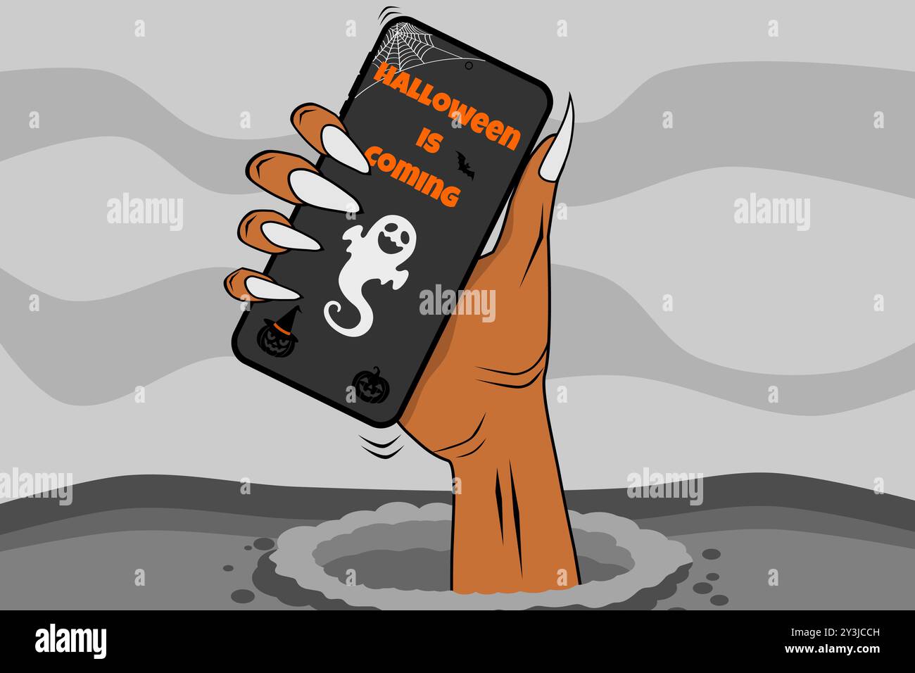 A zombie hand comes out of the ground holding a mobile phone with Halloween is coming written on the screen. Happy Halloween concept. Vector illustrat Stock Vector