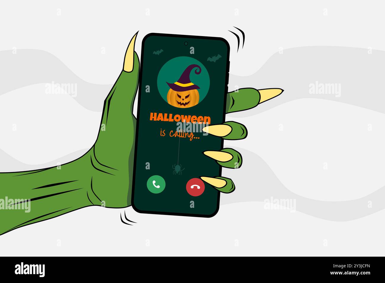 Green zombie hand holding a smartphone with call from Halloween pumpkin on the screen. Vector illustration. Stock Vector