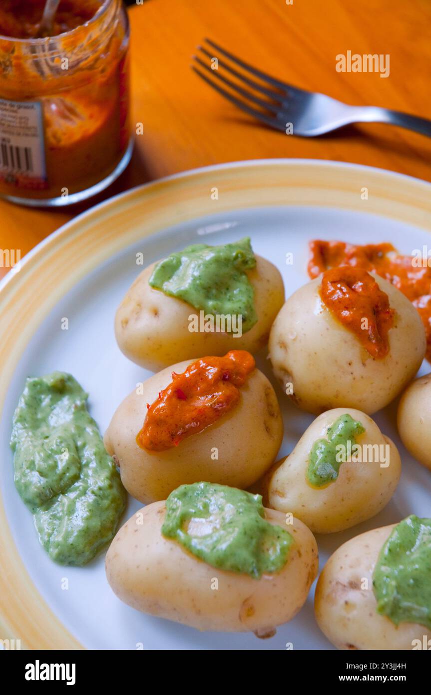 Papas arrugadas with mojo sauces. Canary Islands, Spain. Stock Photo