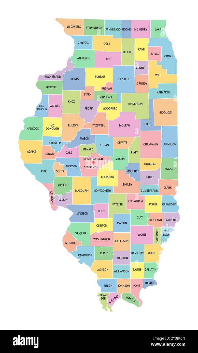 Lincoln counties Cut Out Stock - Illinois Us State Subdivided Into 102 Counties Multi Colored Political Map With Capital Springfield Borders And County Names 2Y3JK6N 