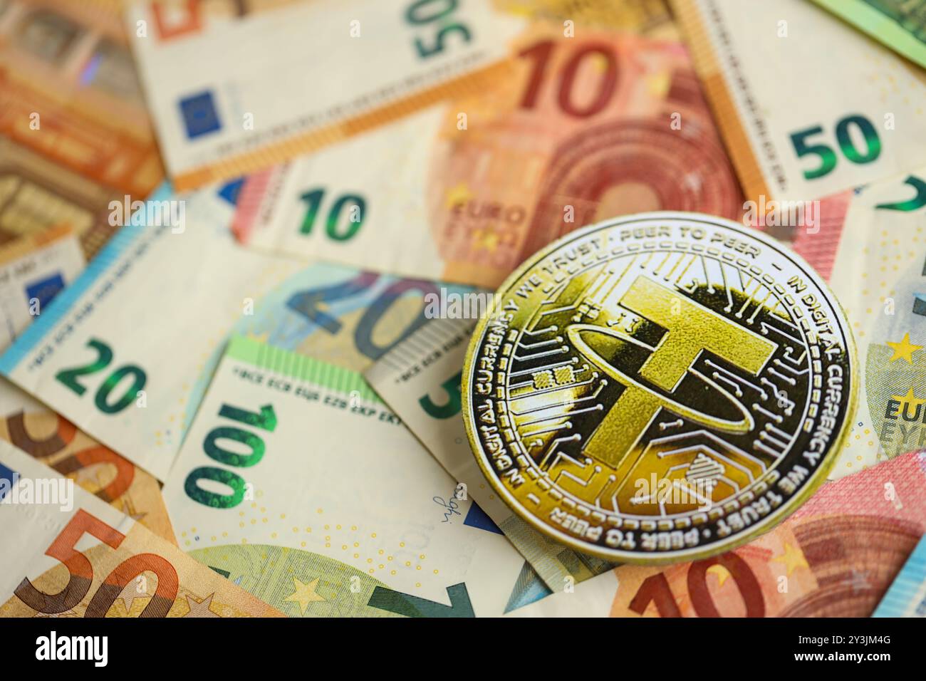 Golden bit coin symbol. USDT Cryptocurrency Bitcoin USA money dollar  banknotes on the calculator top view background Stock Photo - Alamy