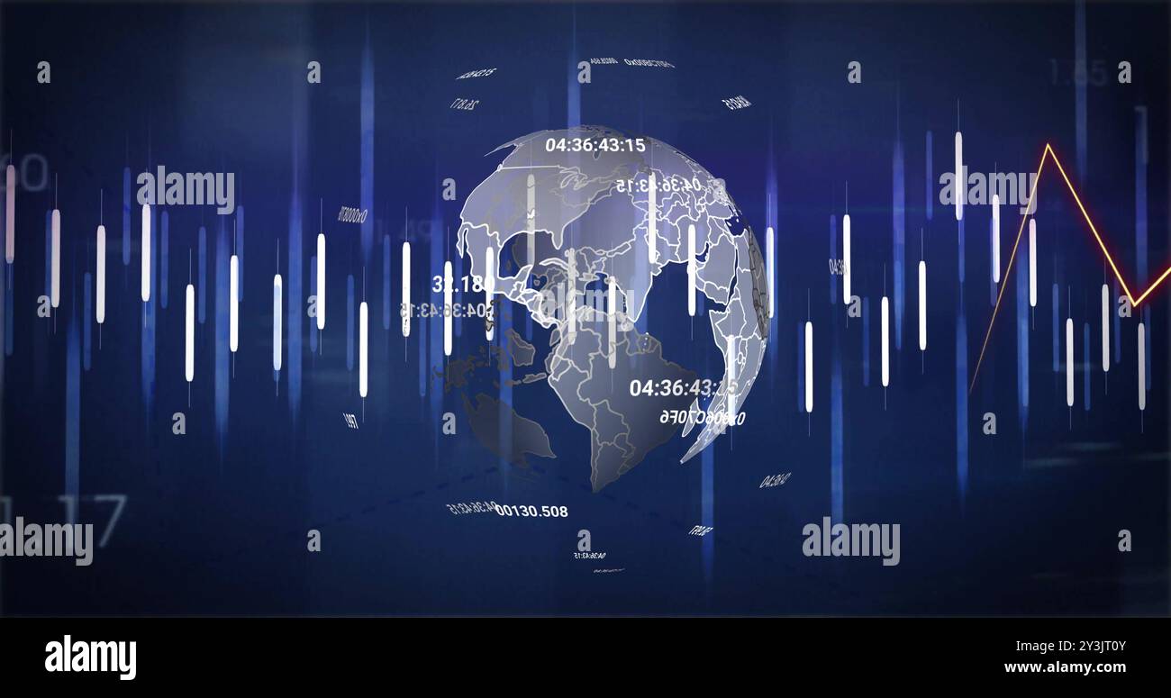Image of financial data processing over globe Stock Photo