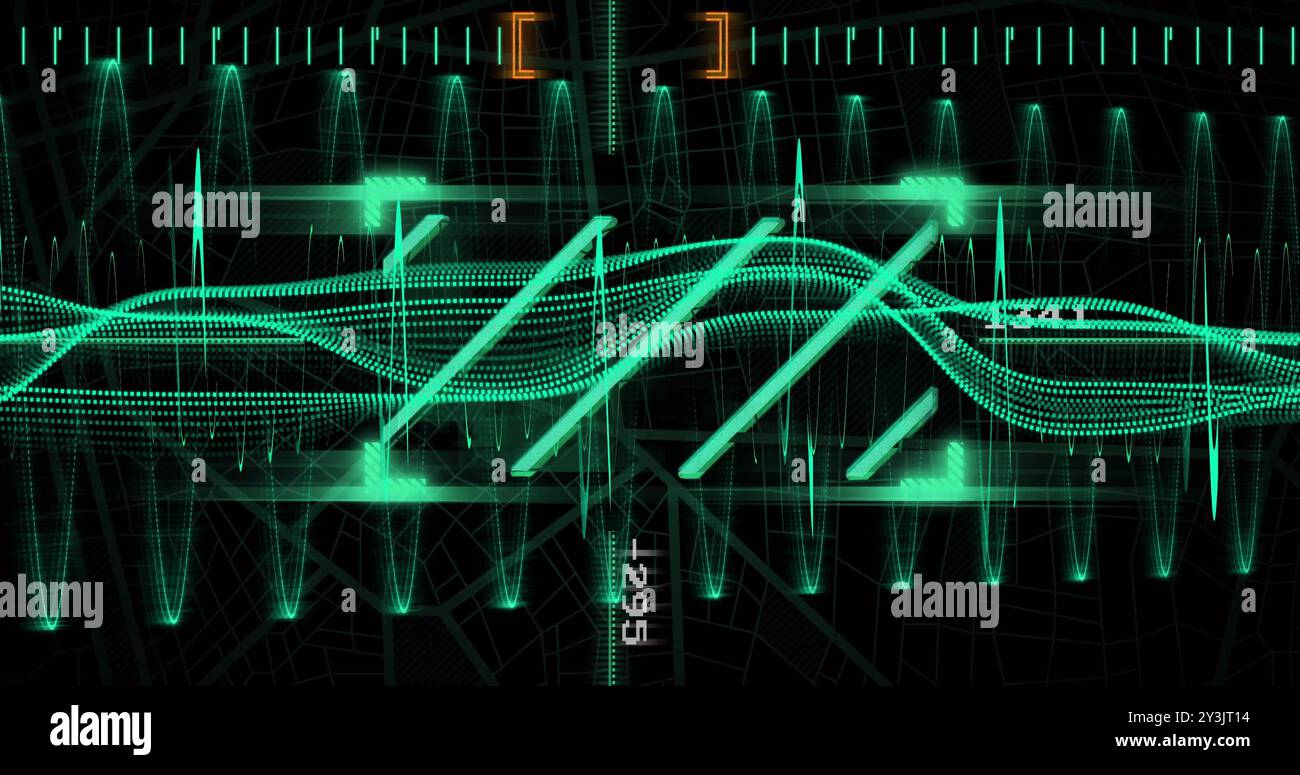 Image of data processing and connections on black background Stock Photo