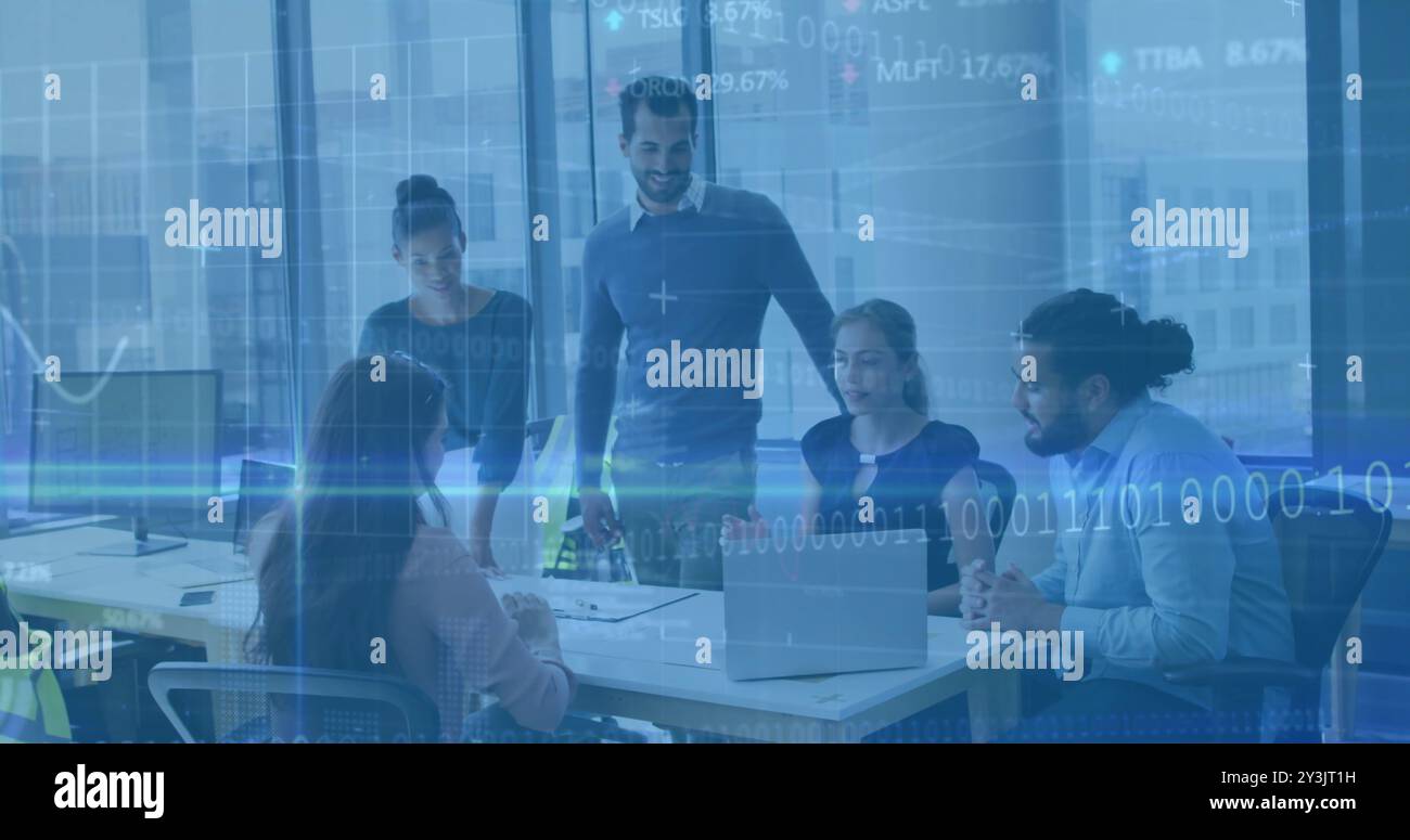 Image of financial data processing over diverse business people using laptop Stock Photo