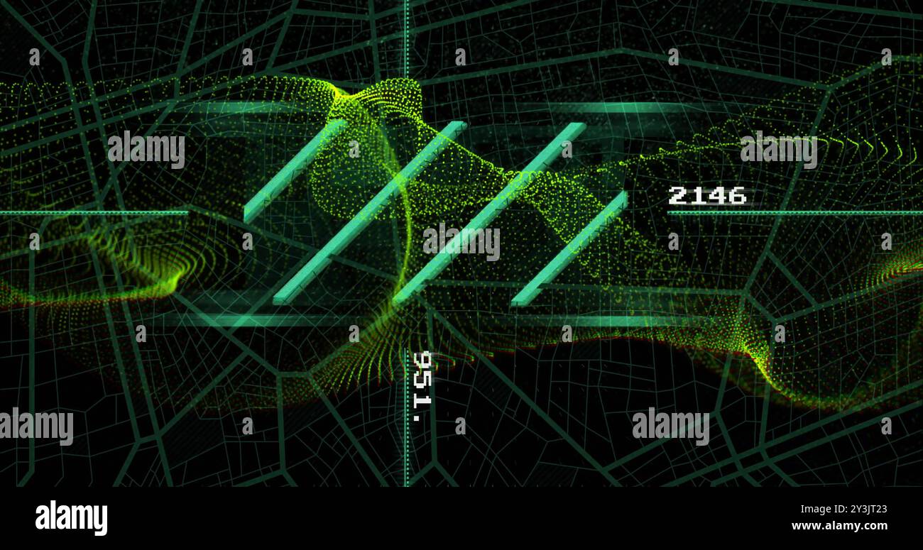 Image of data processing and connections on black background Stock Photo