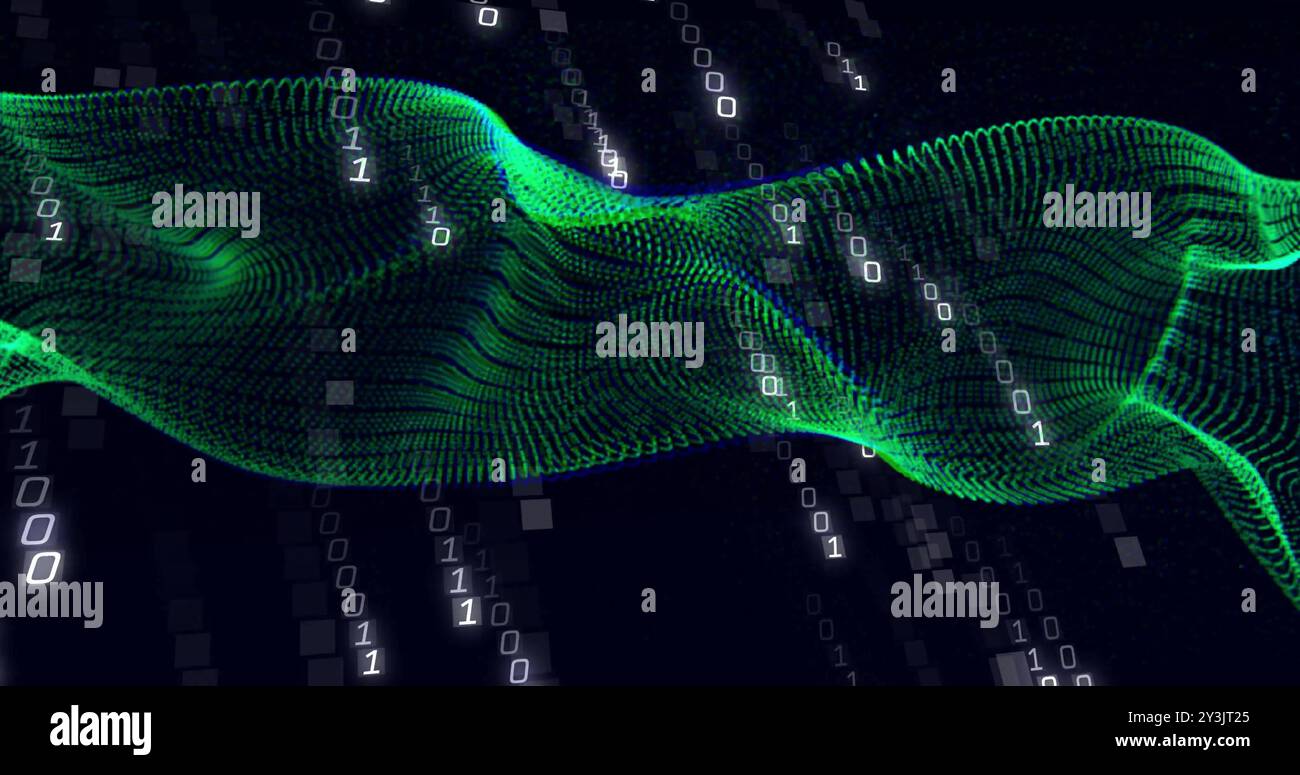 Image of binary coding data processing and connections on black background Stock Photo