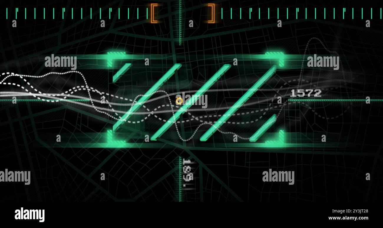 Image of data processing and connections on black background Stock Photo