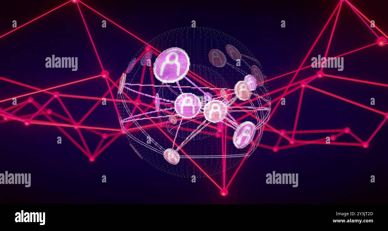 Image of network of connections with people icons over globe Stock Photo