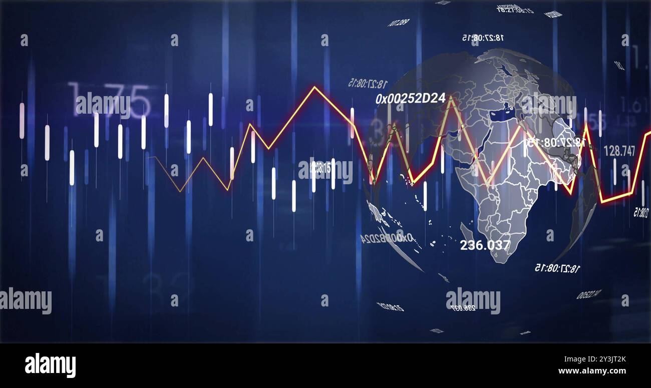 Image of data processing and statistics over globe Stock Photo