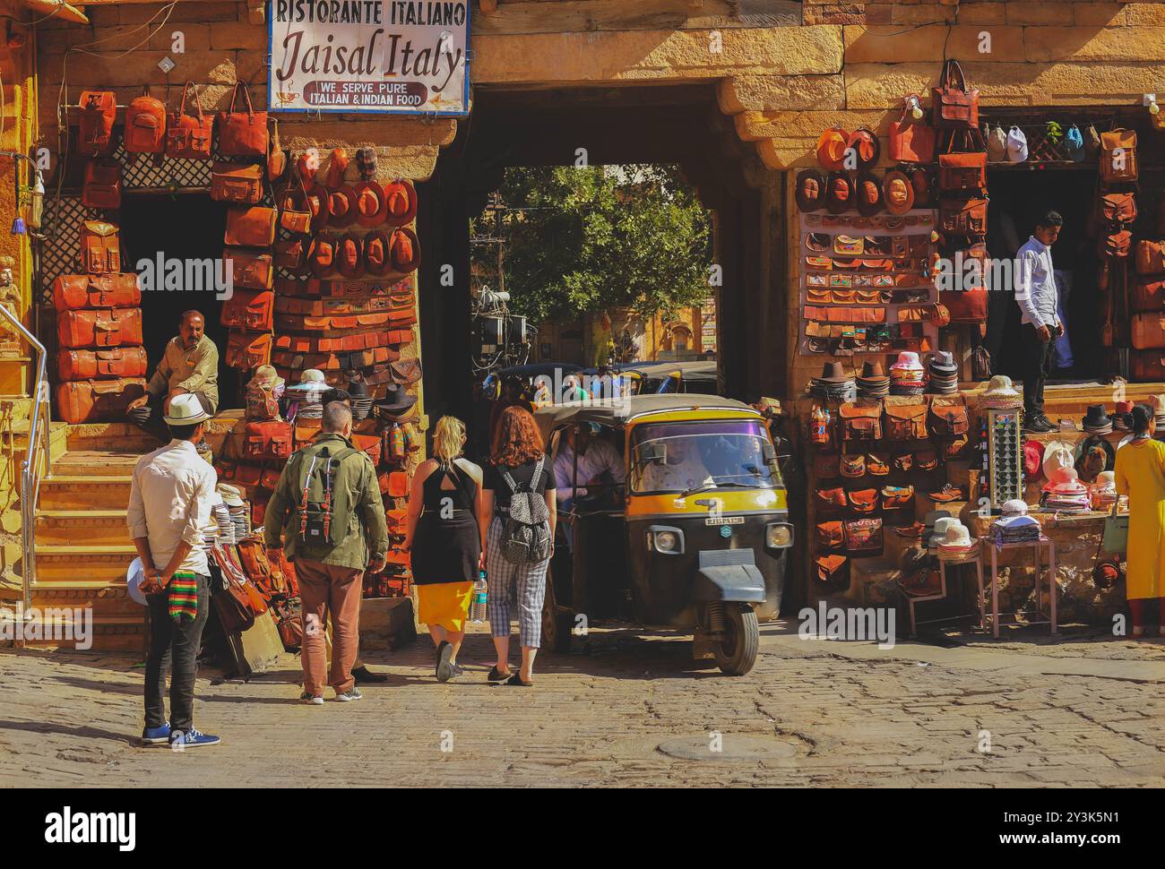 Jaisalmer, India- January 19, 2020 : Shops with Leather bags at Jaisalmer Fort entrance. Stock Photo