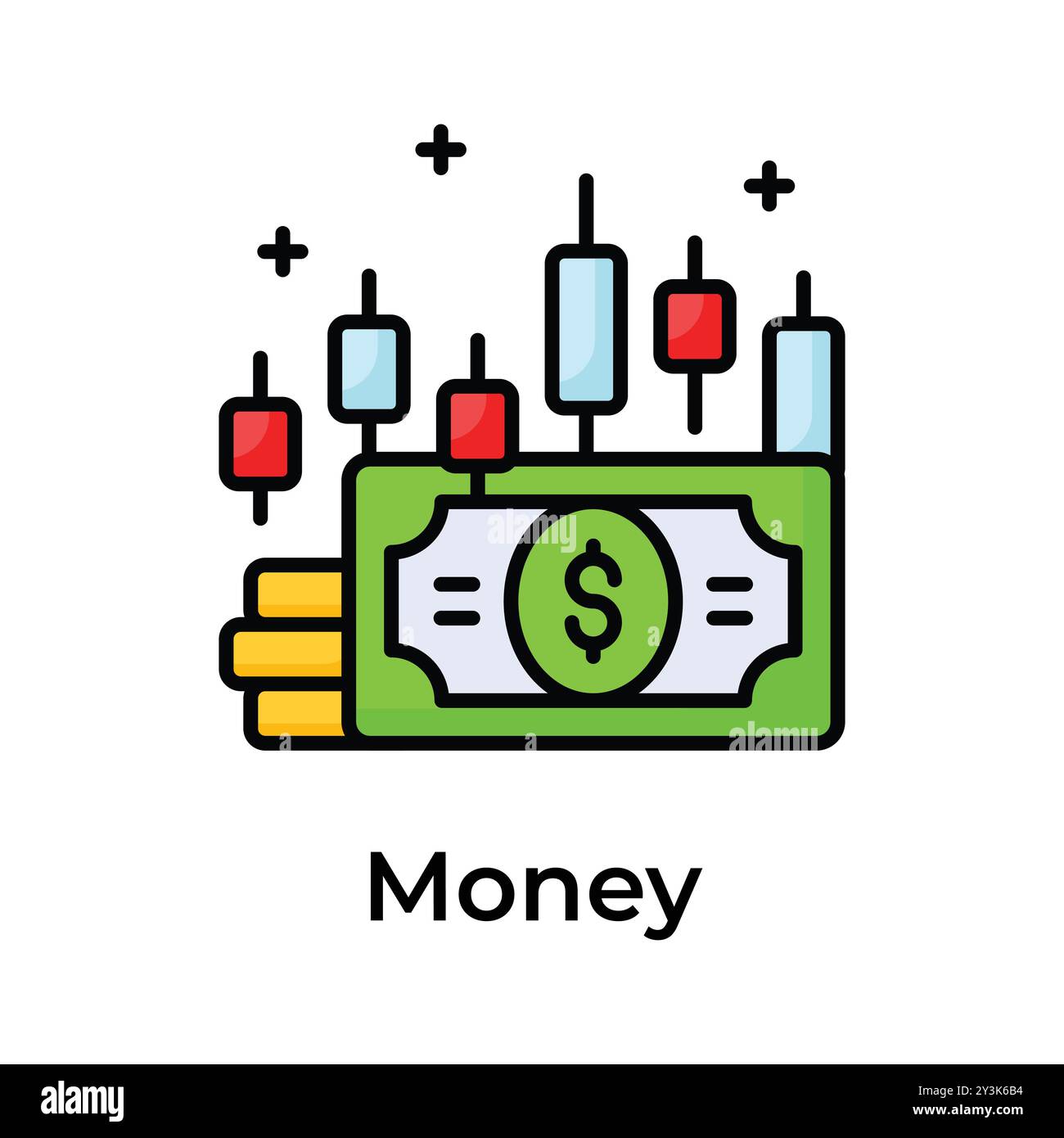 Currency note and coin with candlestick chart showing concept icon of money trading Stock Vector