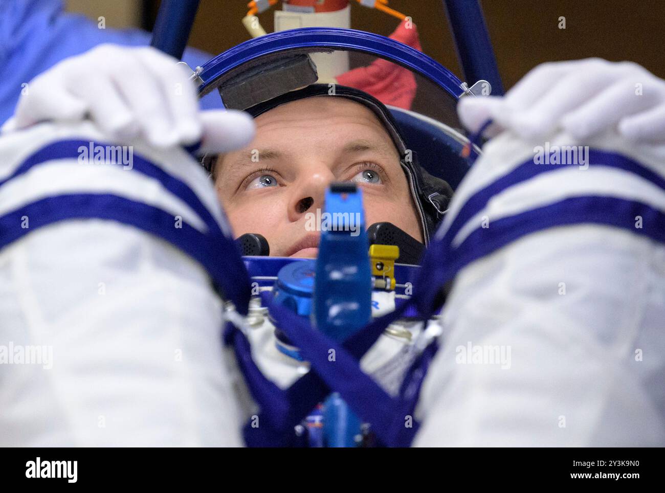 Baikonur, Kazakhstan. 11 September, 2024. Roscosmos cosmonaut Ivan Vagner during the pressure check for his Russian Sokol space suit before departing to the Soyuz MS-26 spacecraft on launch day at the Baikonur Cosmodrome, September 11, 2024, in Baikonur, Kazakhstan. The Expedition 72 crew members are heading to the International Space Station for a routine crew rotation.  Credit: Bill Ingalls/NASA Photo/Alamy Live News Stock Photo