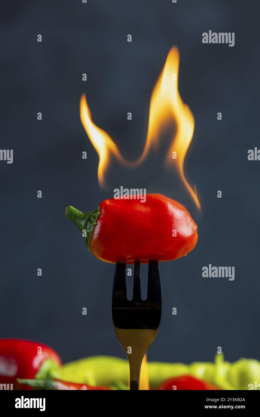 Burning red pepperoni on a fork, close-up, food photography Stock Photo