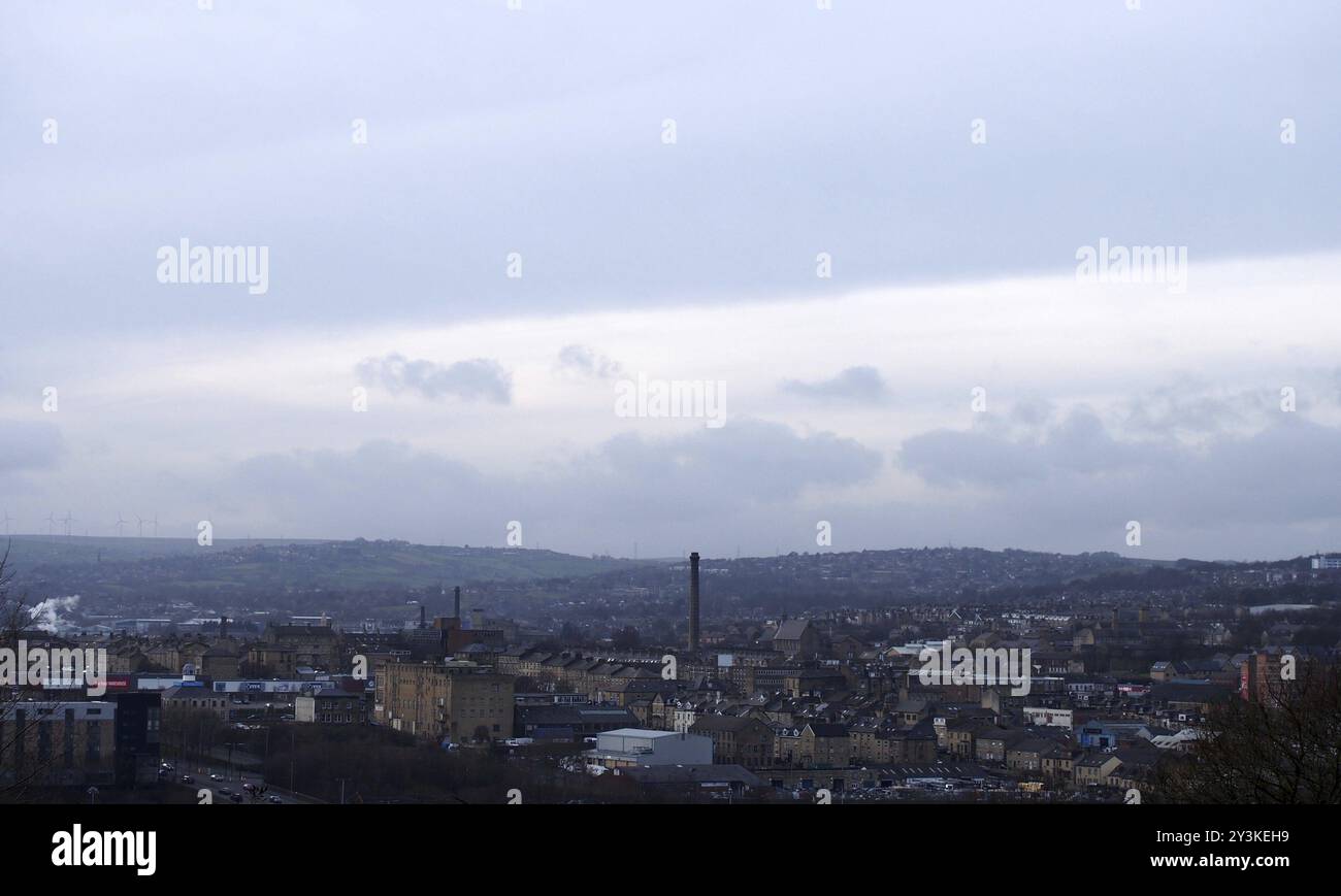 United Kingdom, 19 February 2020: panoramic aerial view of the city of Bradford in west yorkshire showing residential and industrial areas, Europe Stock Photo