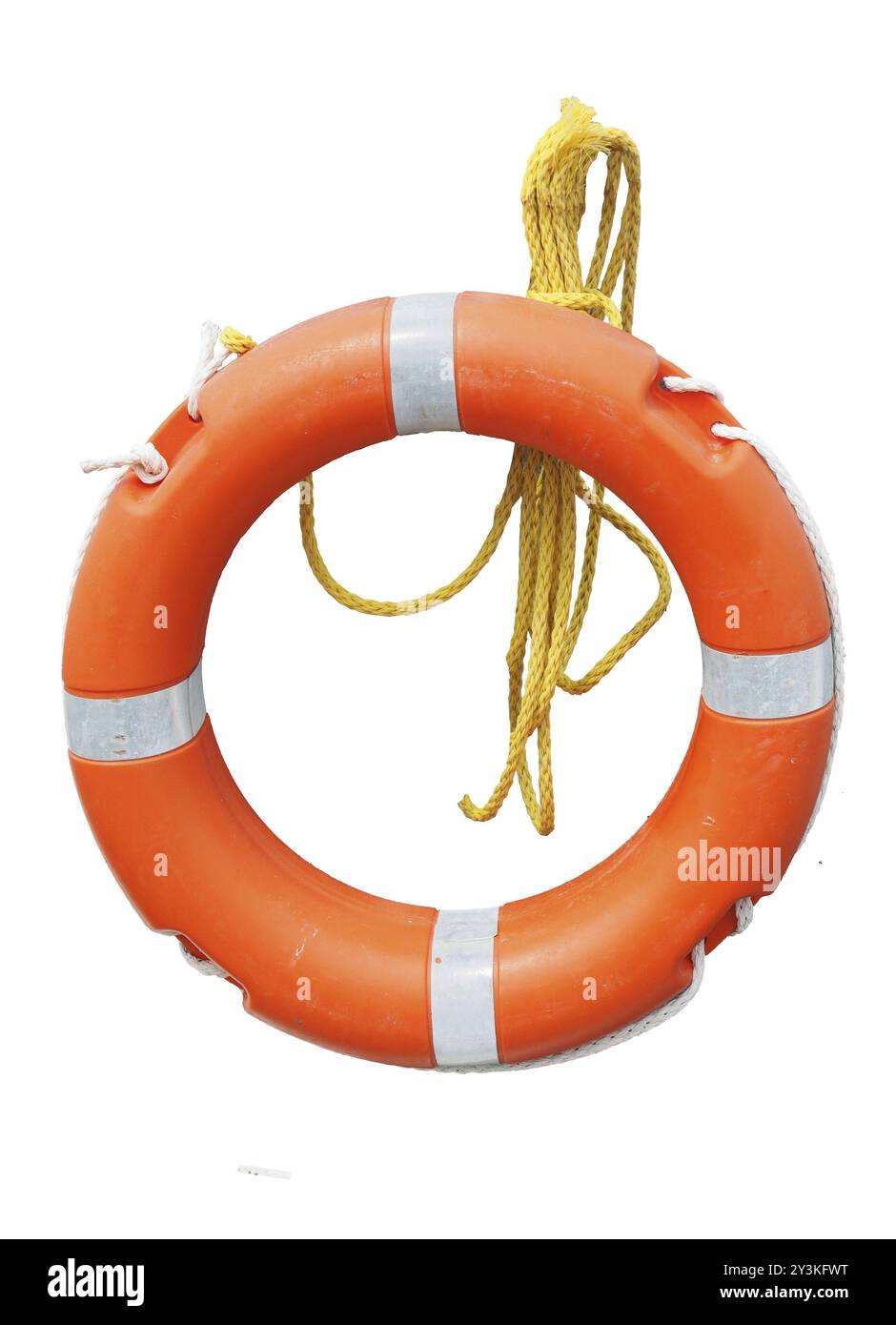 Orange lifebelt or life preserver with yellow rope isolated on a white ...