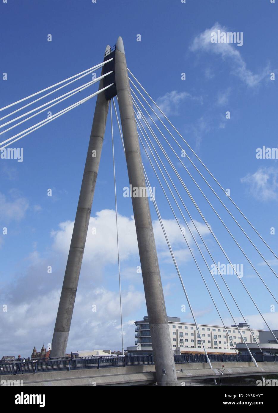 The concrete tower and cables of the suspension bridge in southport ...