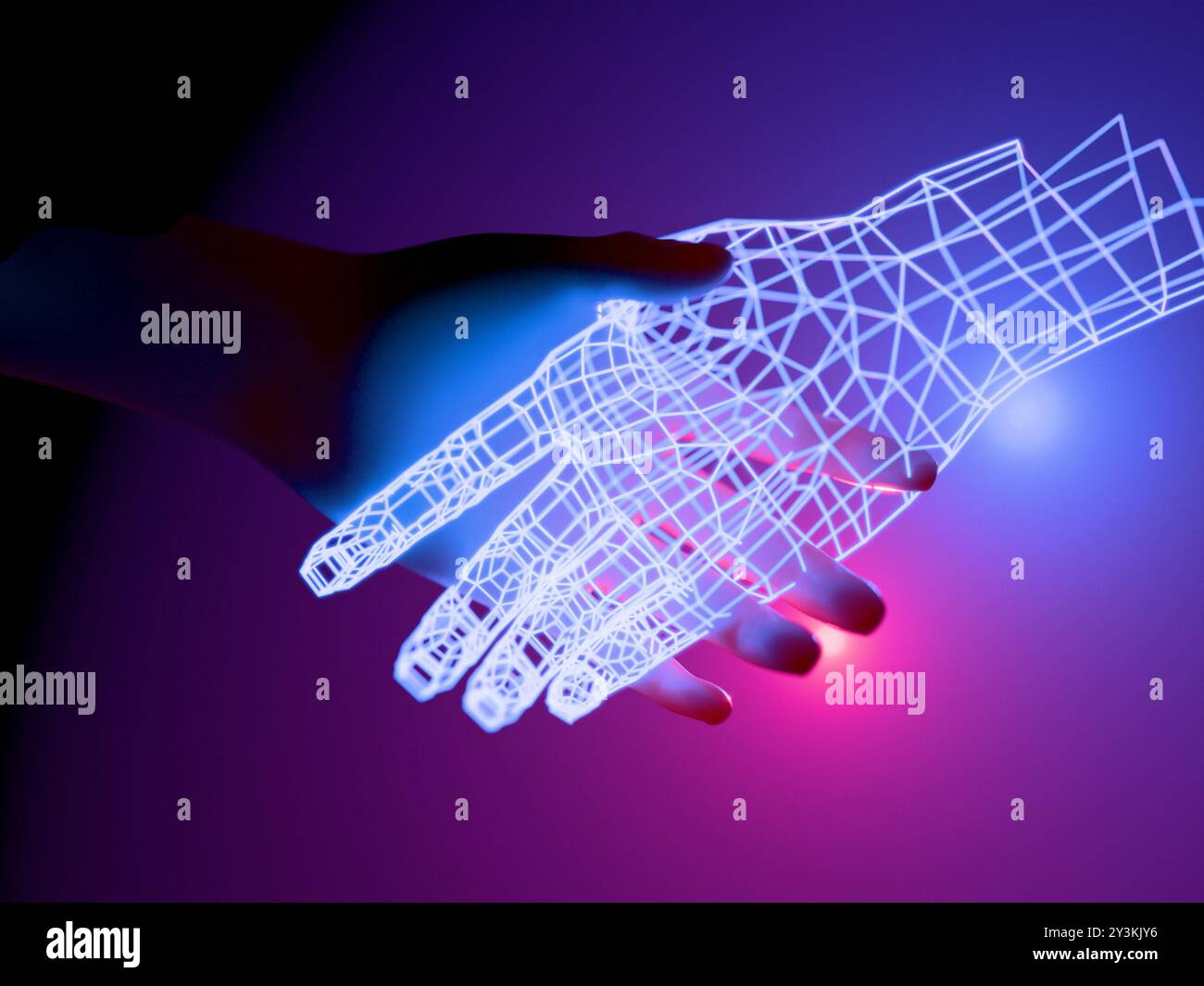 Shaking hands with artificial intelligence entity. Digital 3D render. No AI. Stock Photo