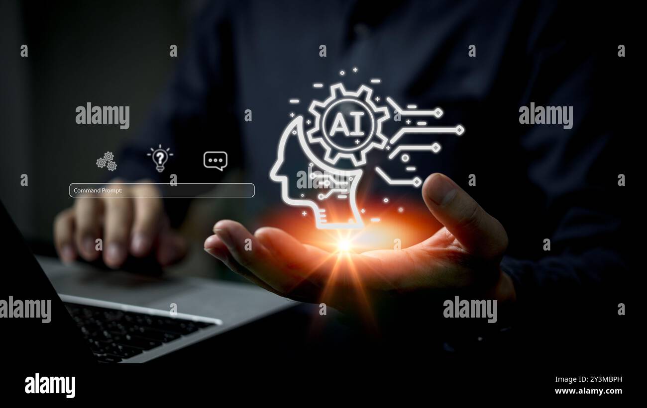 Businessman presenting AI holographic interface. Represents artificial intelligence technology, innovation. Suitable for digital, tech business themes Stock Photo