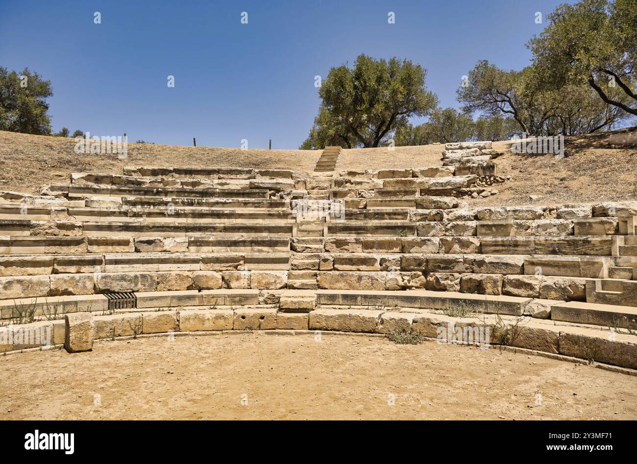 Landscape with ruins of Ancient Roman theatre in Aptera on the island ...
