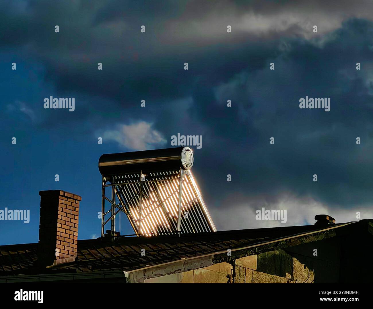 Solar Panel Absorbing Last Sun Rays at Sunset with Dark Blue Sky as ...