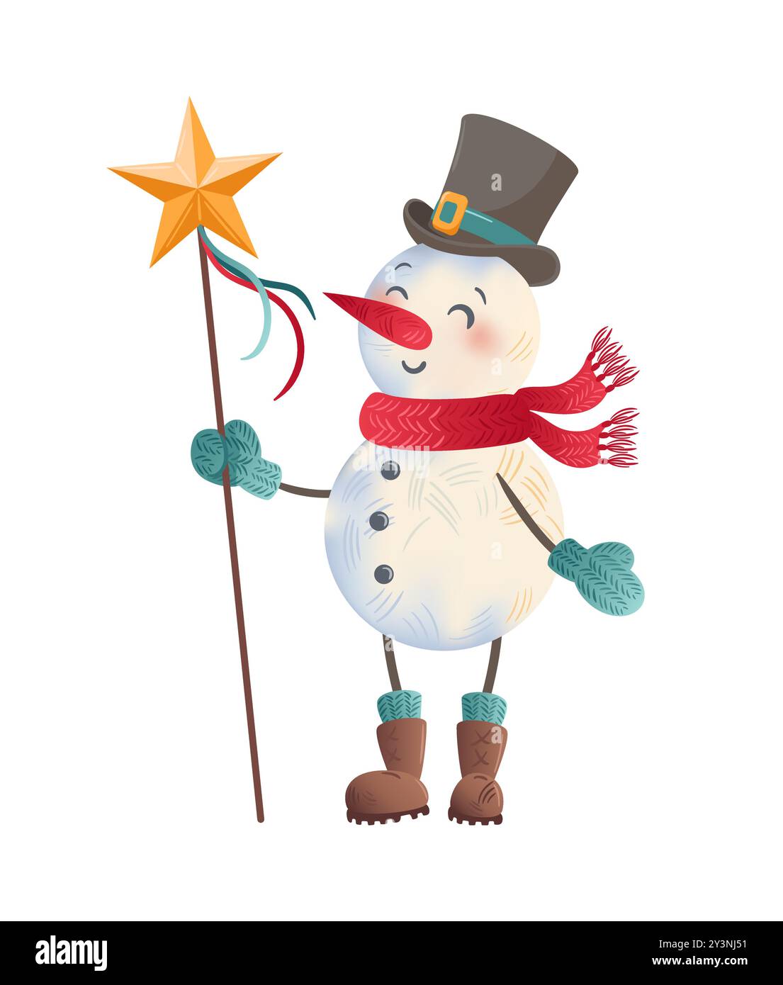 A cheerful snowman in a stylish top hat and warm scarf joyfully holds a bright star to spread festive cheer Stock Vector