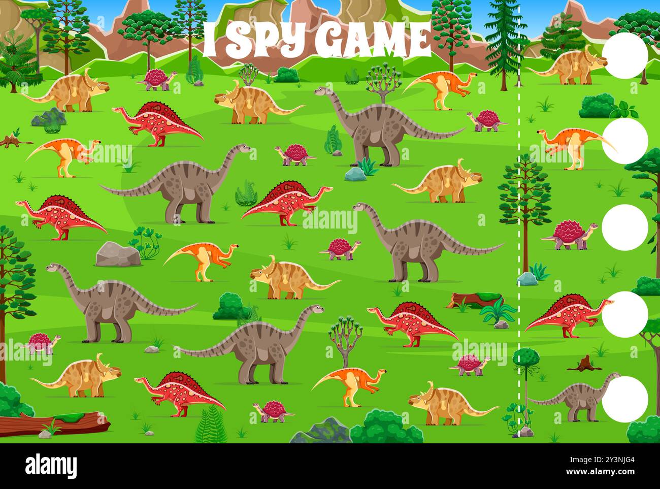 I spy game worksheet with cartoon prehistoric dinosaurs characters in ...