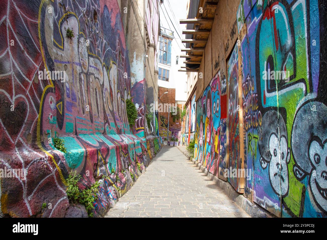 Street art on buildings in the town of Valparaiso in Chile. Stock Photo