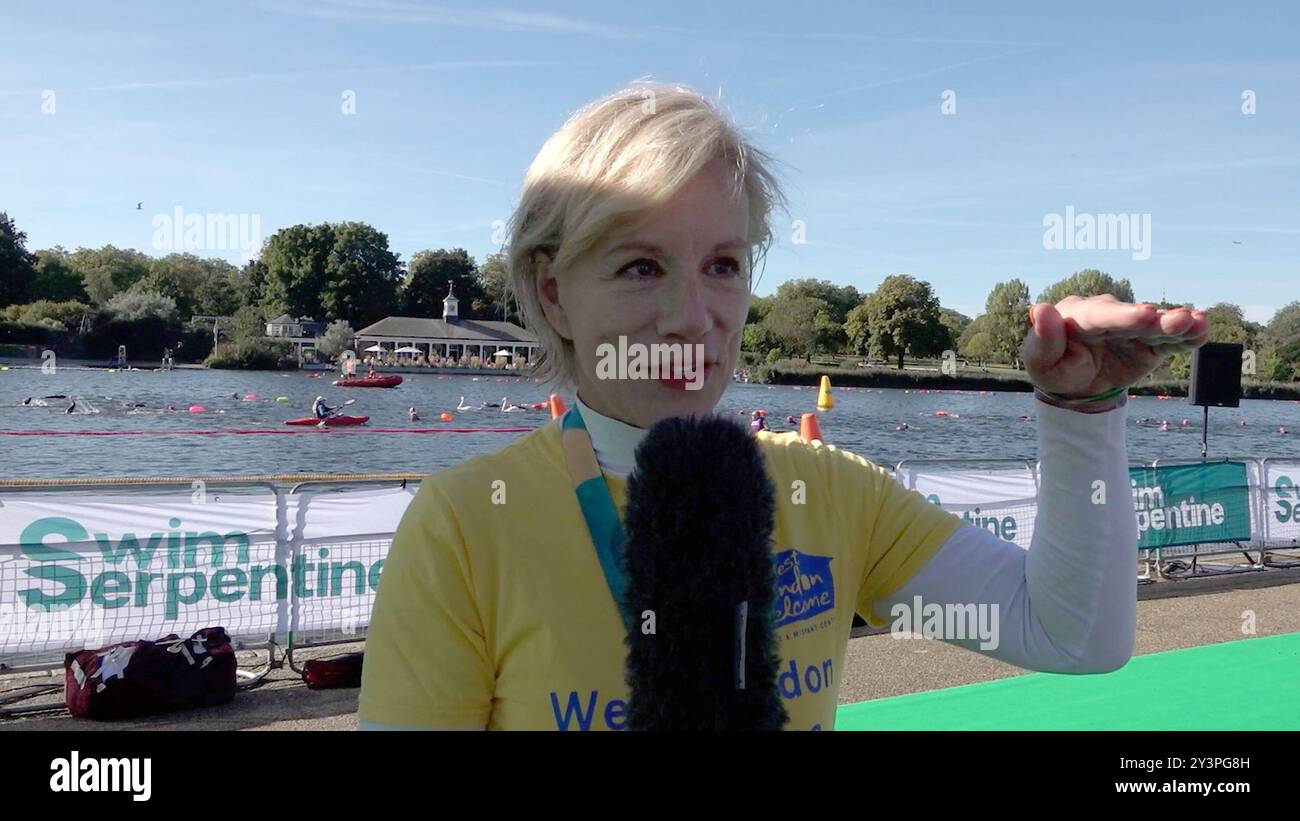 BEST QUALITY AVAILABLE Actress Juliet Stevenson who swam the half-mile distance for West London Welcome, a refugee and migrant community centre in west London, at the Swim Serpentine 2024 in Hyde Park, London. Picture date: Saturday September 14, 2024. Stock Photo