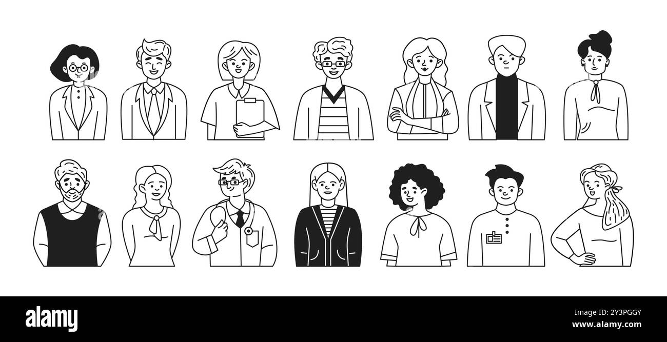 Jobs in medicine and business doodle illustrations set Stock Vector