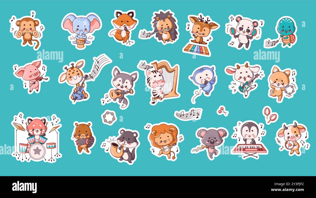 Little animals with musical instruments sticker pack Stock Vector