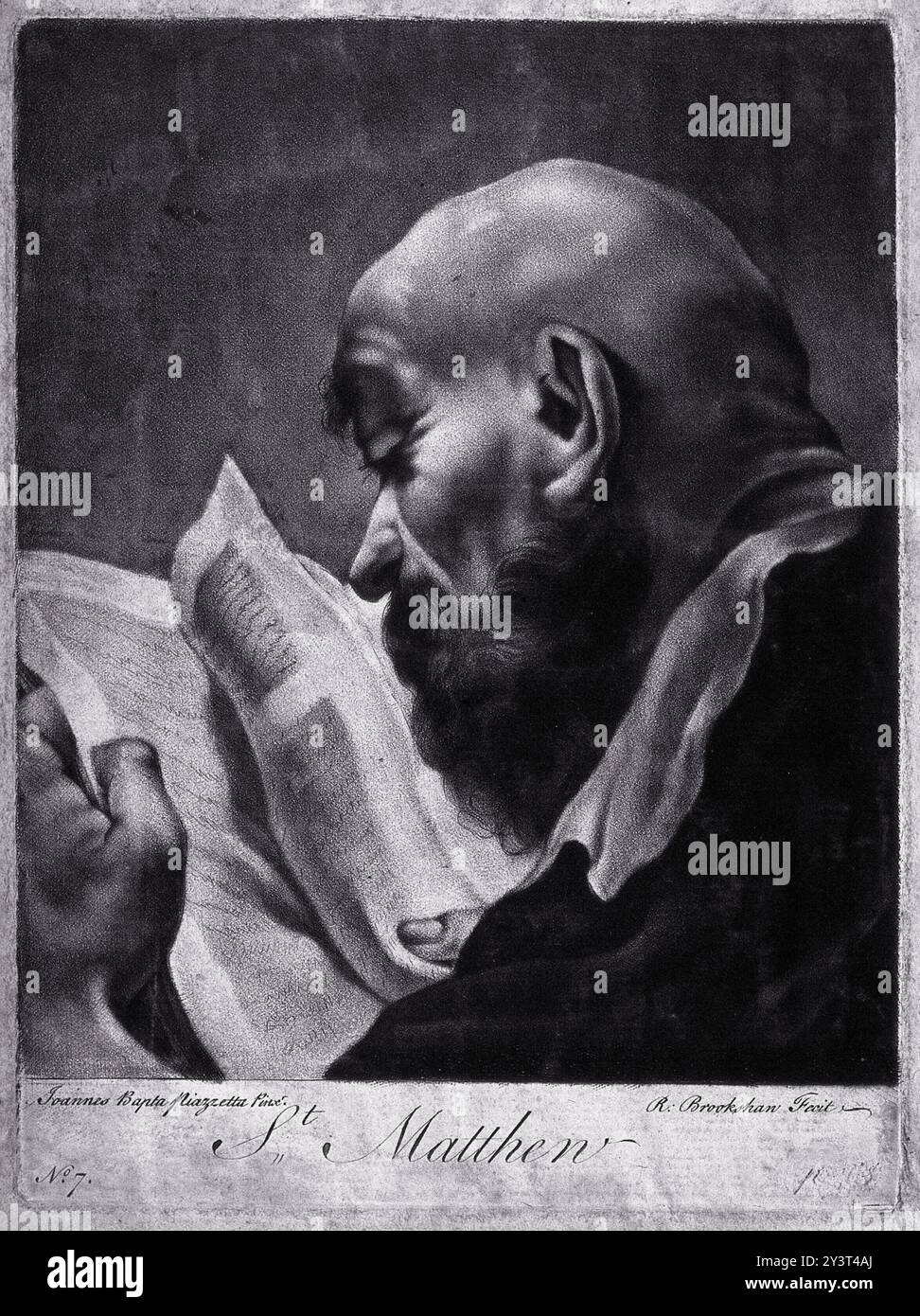 The artwork features Saint Matthew, portrayed in profile, intently ...
