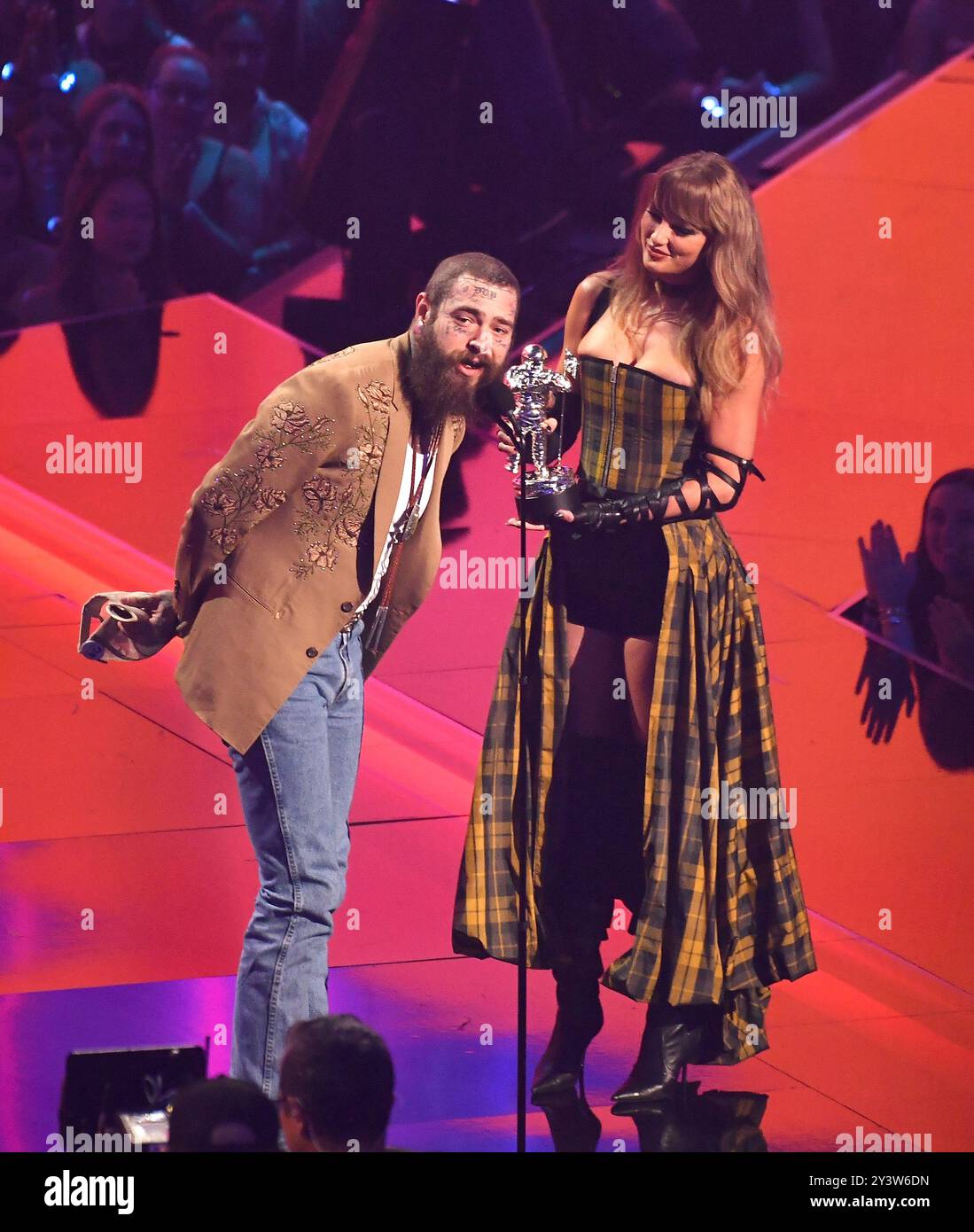 Post Malone and Taylor Swift onstage during the 2024 MTV Video Music Awards at UBS Arena on September 11, 2024 in Elmont, New York. Photo: Credit: Smith/ImageSpace/MediaPunch Stock Photo