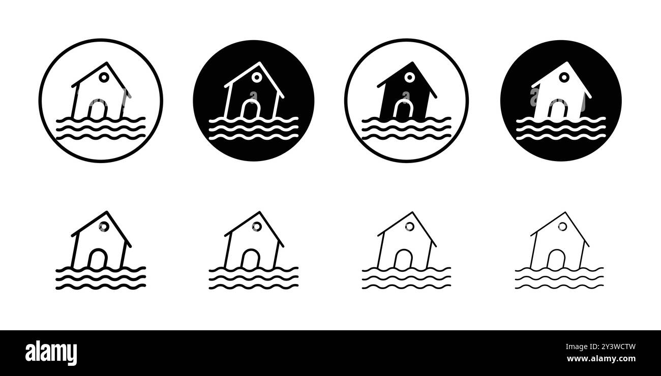 Flooded house icon logo sign vector outline in black and white color ...