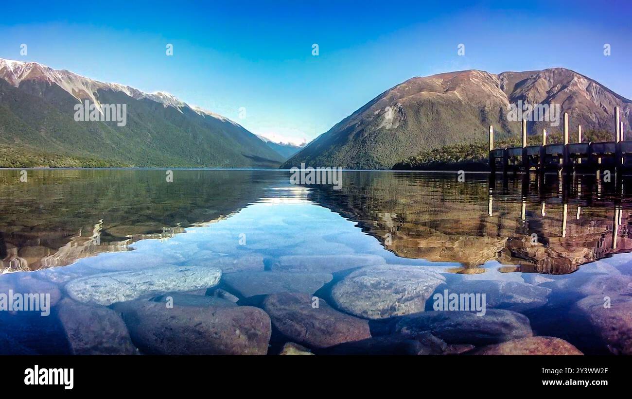 Mirror reflections on the Forest enclosed Lake Rotoiti at St Arnaud ...